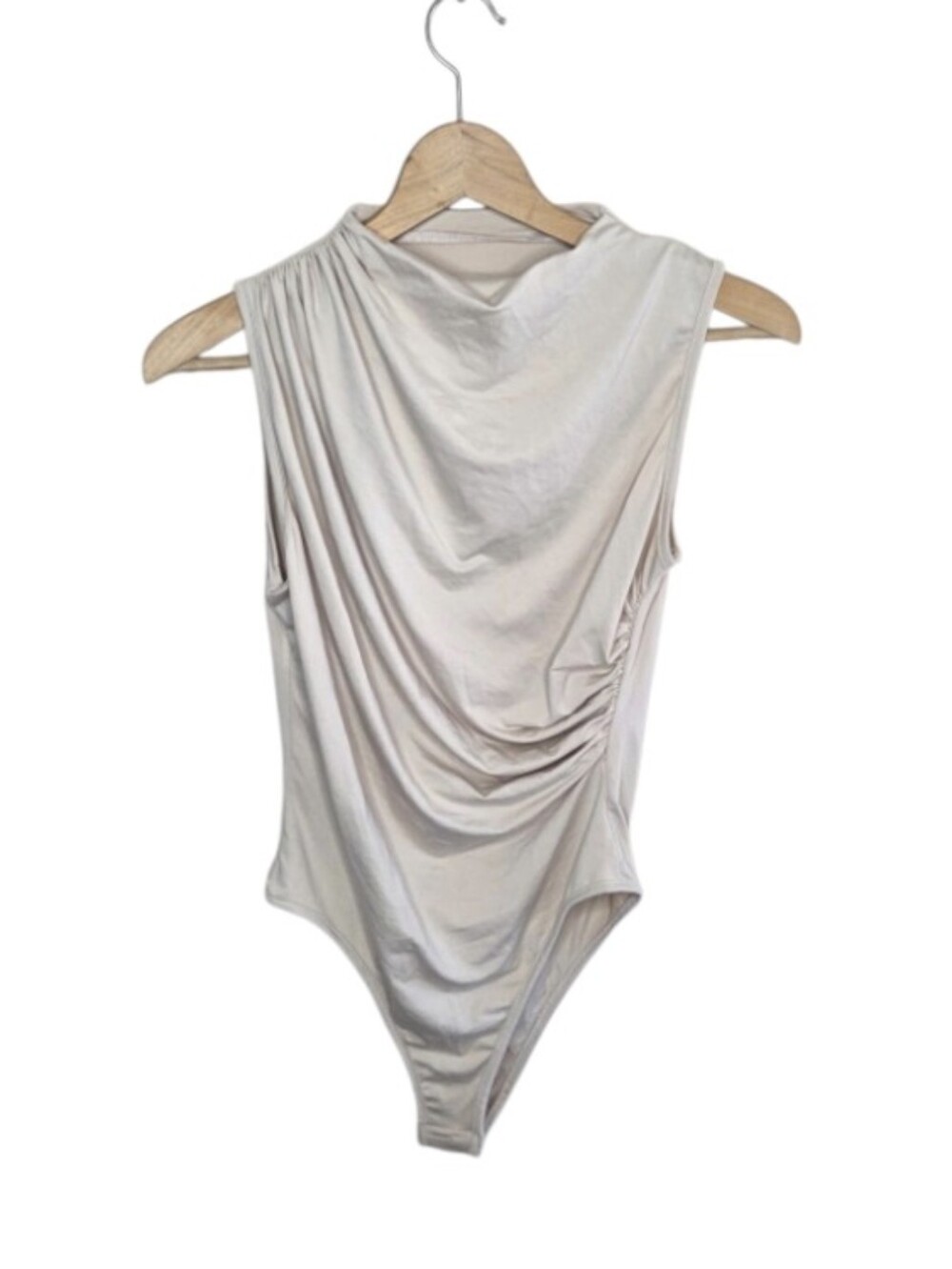 Beige Draped Neck Sleeveless Bodysuit Side Ruching